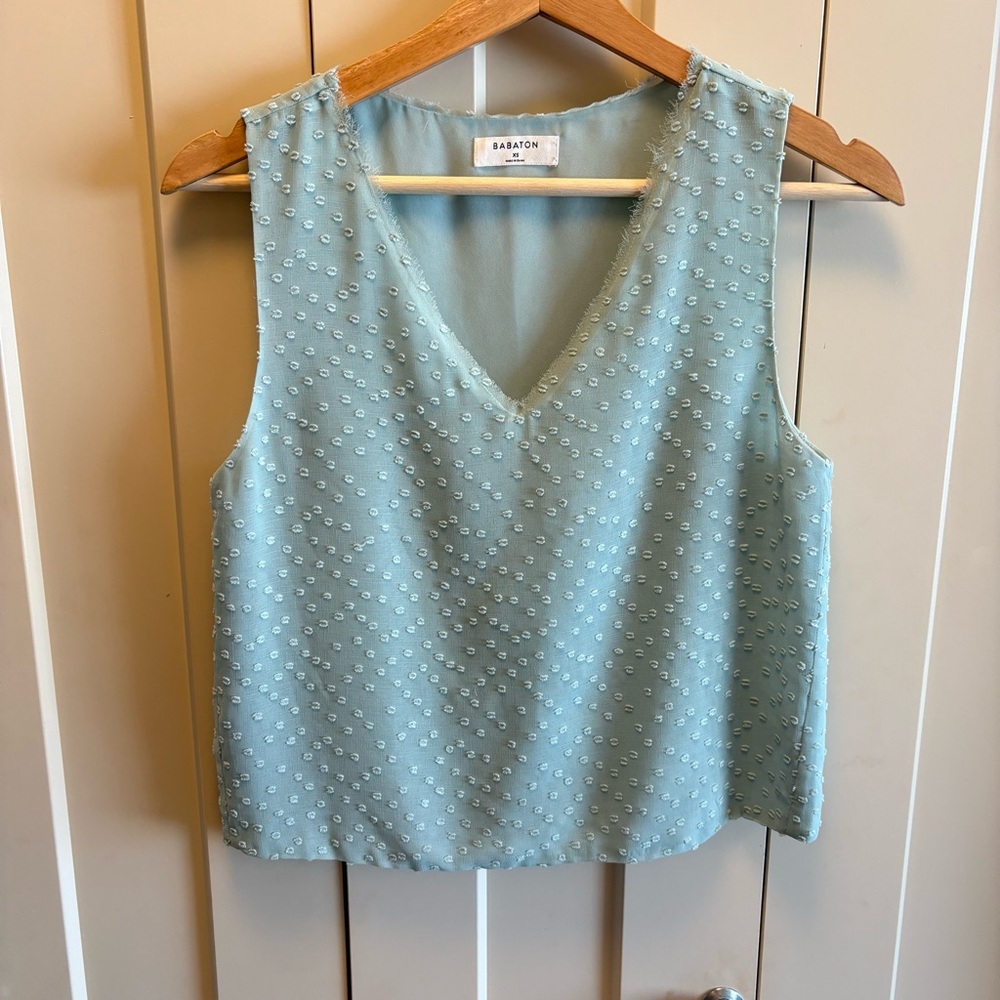 Babaton Light Blue Embellished V-Neck Sleeveless Top